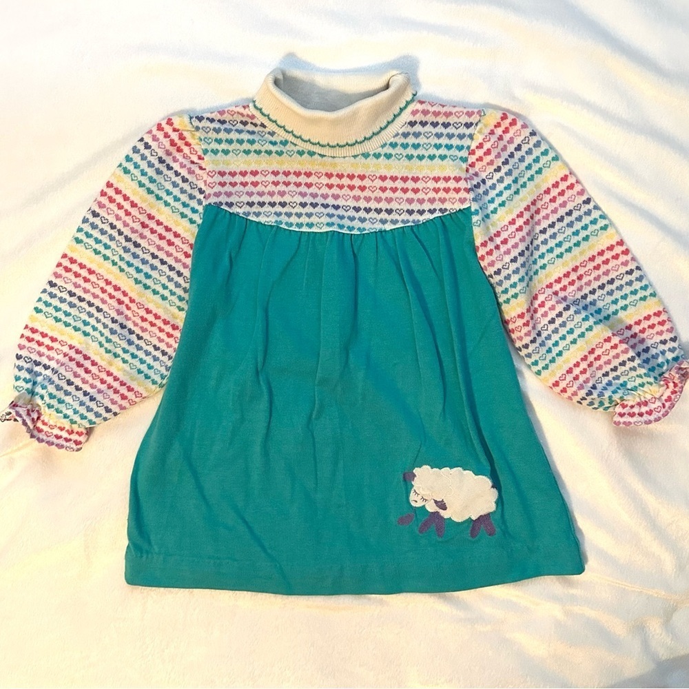 Vintage Health-Tex Toddler Girls Rainbow Hearts Sheep Teal Turtleneck Dress 3T